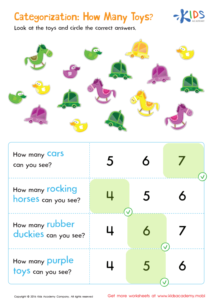 Classifying Toys by Type and Color Sorting Worksheet Answer Key
