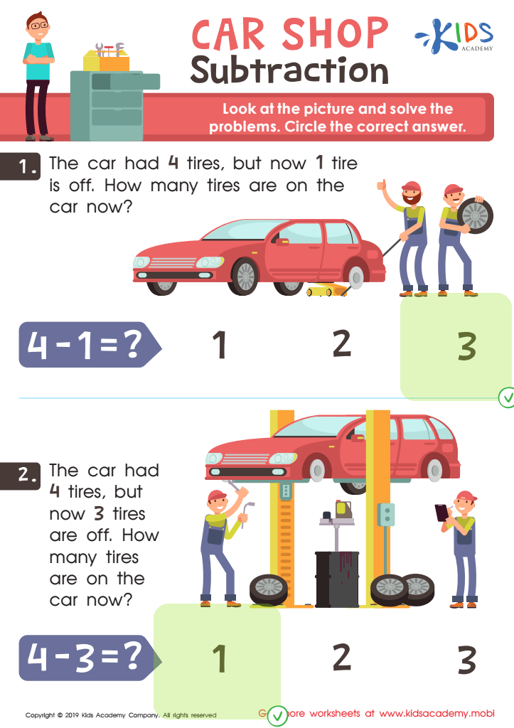 Car Shop Subtraction Worksheet Answer Key