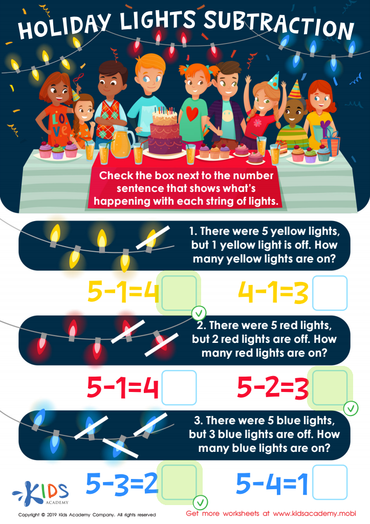 Holiday Lights Subtraction Worksheet Answer Key