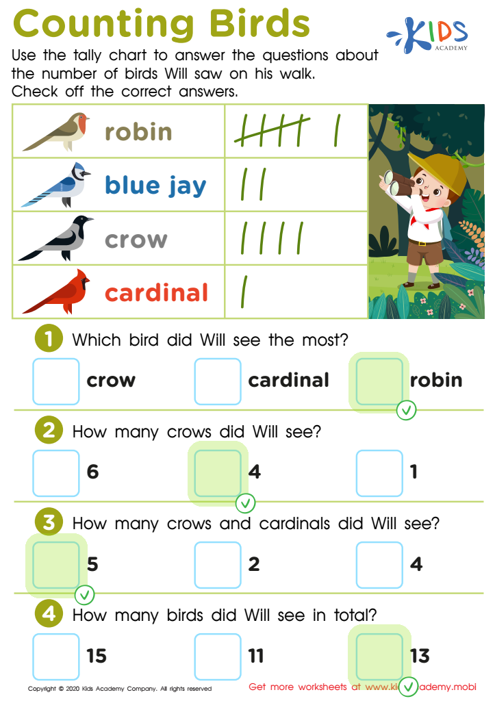 Counting Birds Fun Worksheet Answer Key