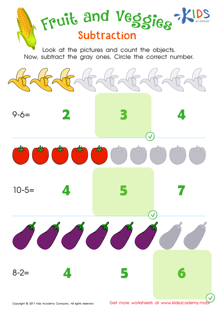 Fruit and Veggies Subtraction Worksheet Answer Key