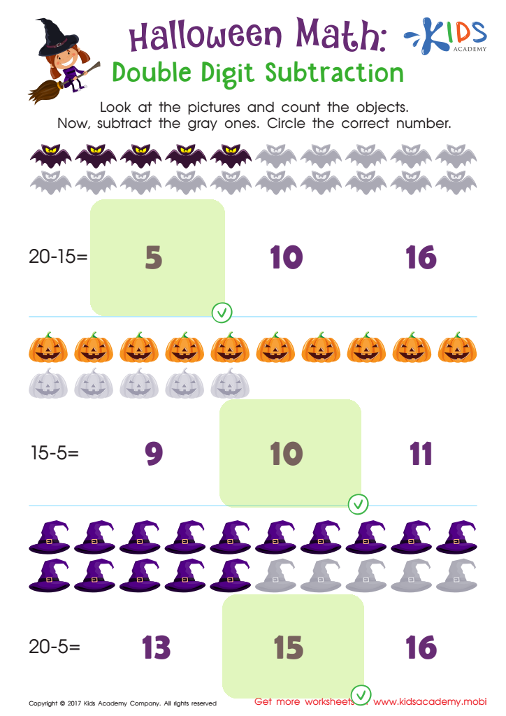 Halloween Math Subtraction Worksheet Answer Key