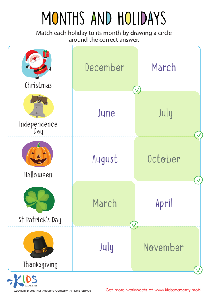 Months and Holidays Worksheet Answer Key