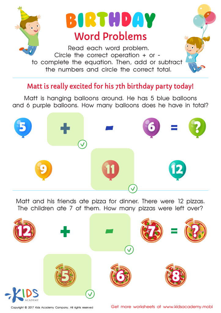Birthday Word Problems Substraction Worksheet Answer Key