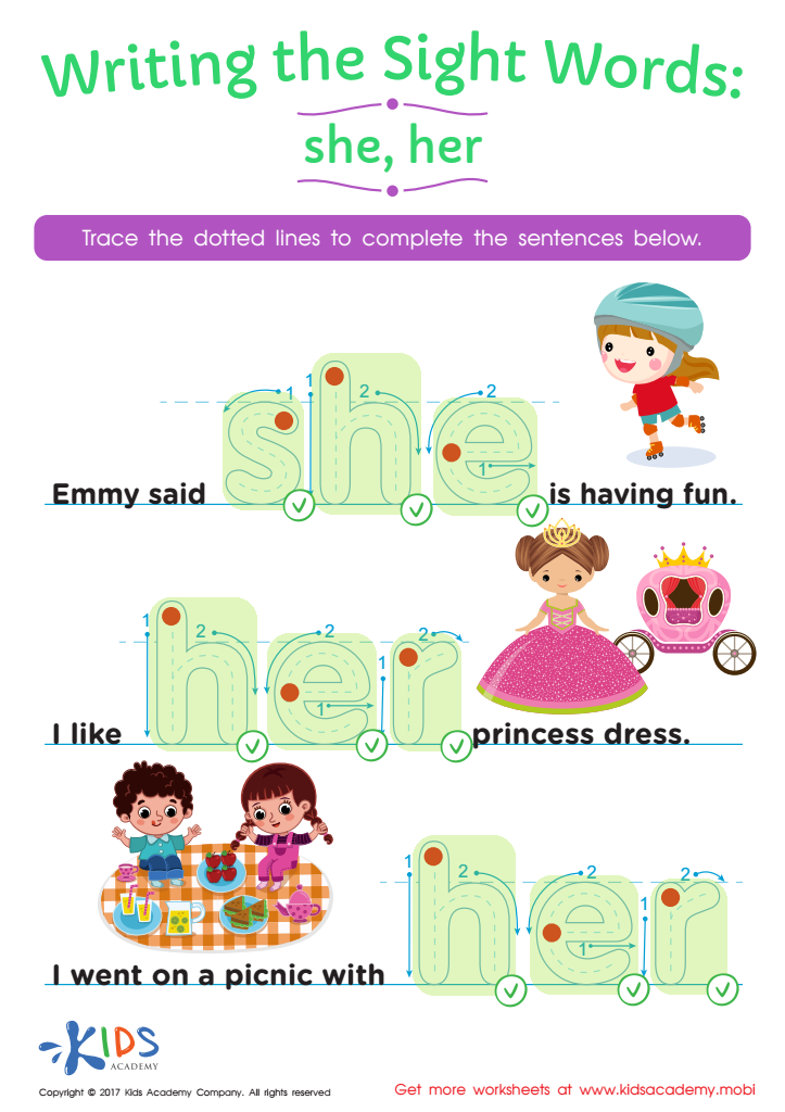 She, Her Printable Sight Words Worksheet Answer Key