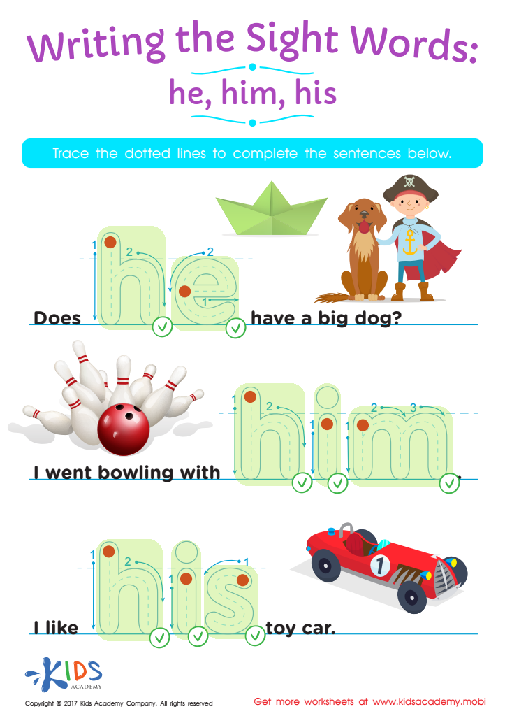 He, Him, His Printable Sight Words Worksheet Answer Key