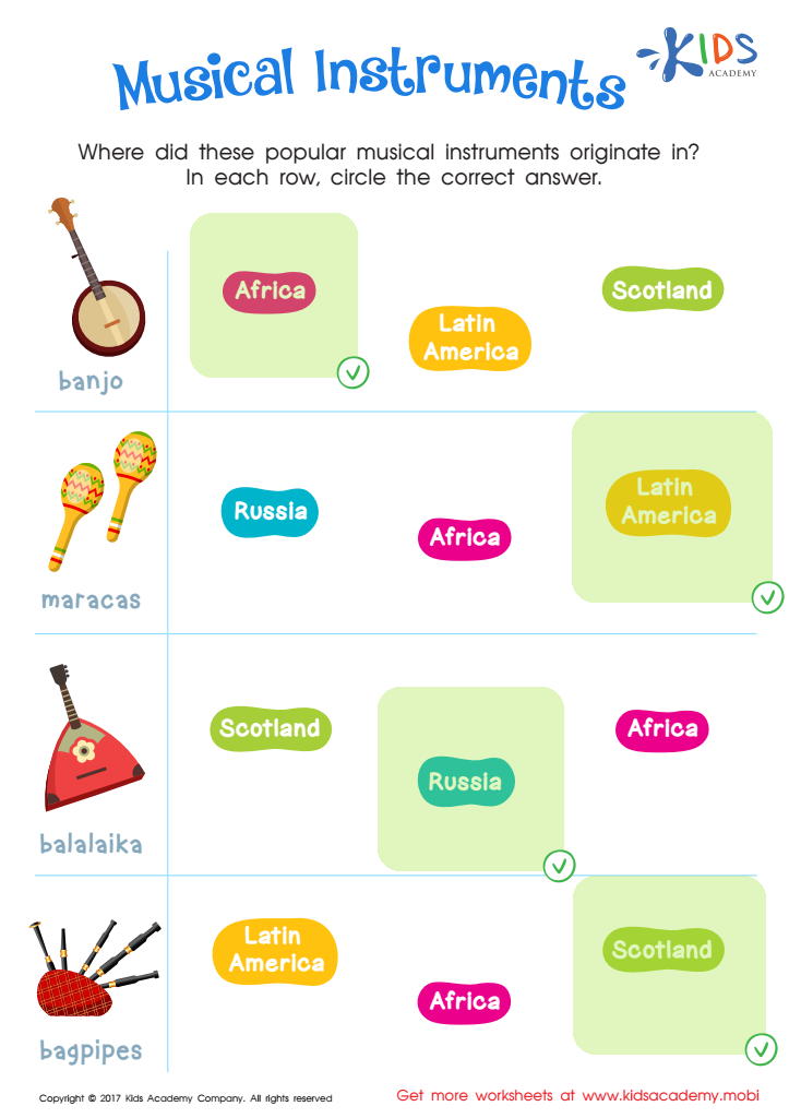 Musical Instruments Printable Answer Key