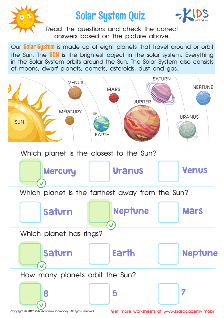 Solar System Quiz Printable Answer Key