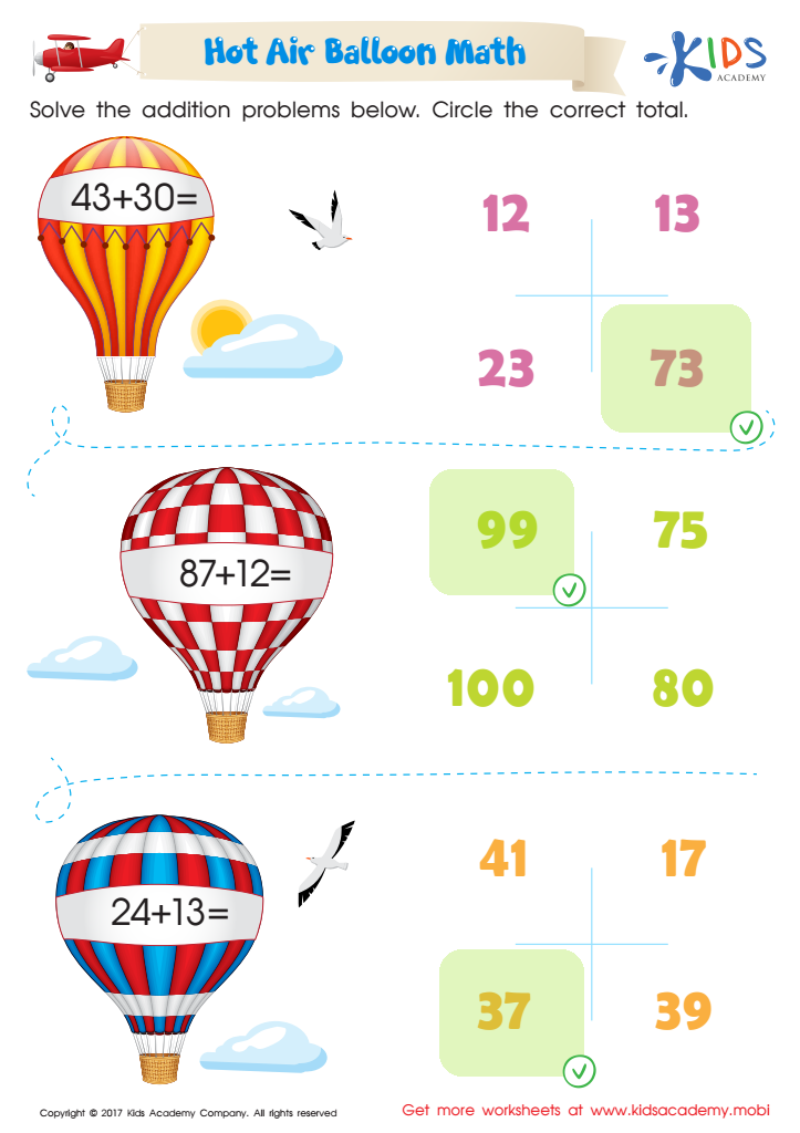 Hot Air Balloon Math Worksheet: Free Printable PDF for Kids Answers