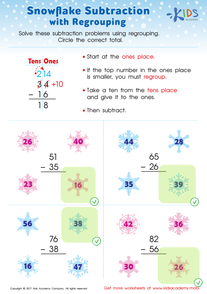 Subtraction With Regrouping Worksheet: Snowflake Answer Key