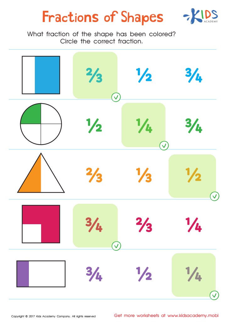 Fractions of Shapes: Math Concept Worksheet Answer Key