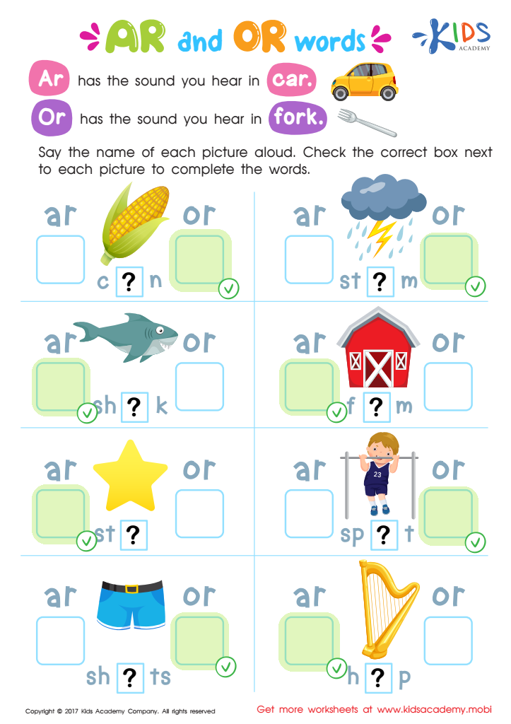 Ar and Or Words Phonics Worksheet Answer Key
