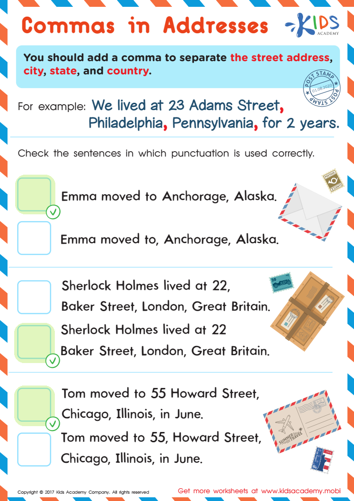 Commas In Addresses Worksheet Free Printable PDF For Kids Answers
