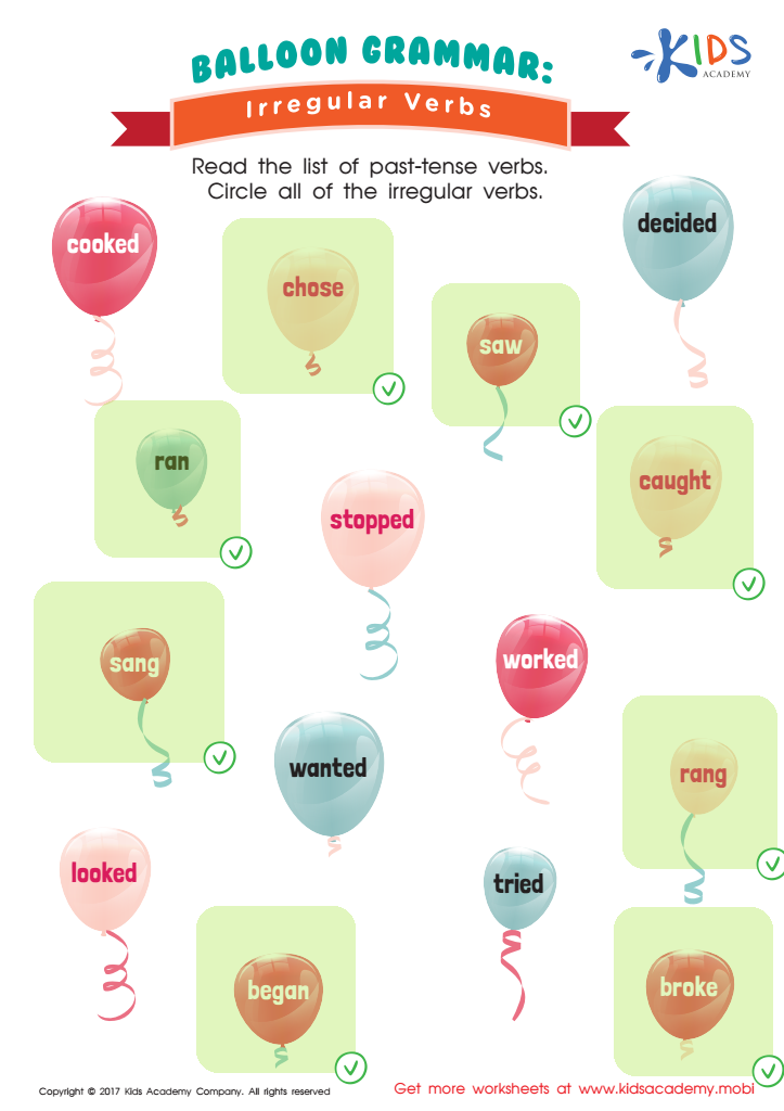 Irregular Verbs: Baloons Worksheet Answer Key