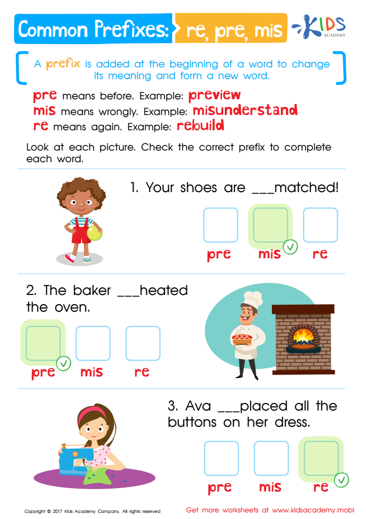 Common Prefixes Worksheet: RE, PRE, MIS Answer Key