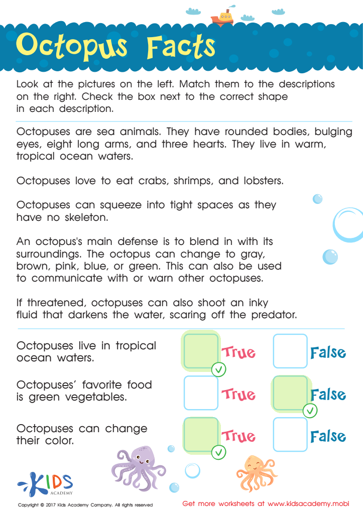 Octopus Facts Worksheet For Kids Answer Key