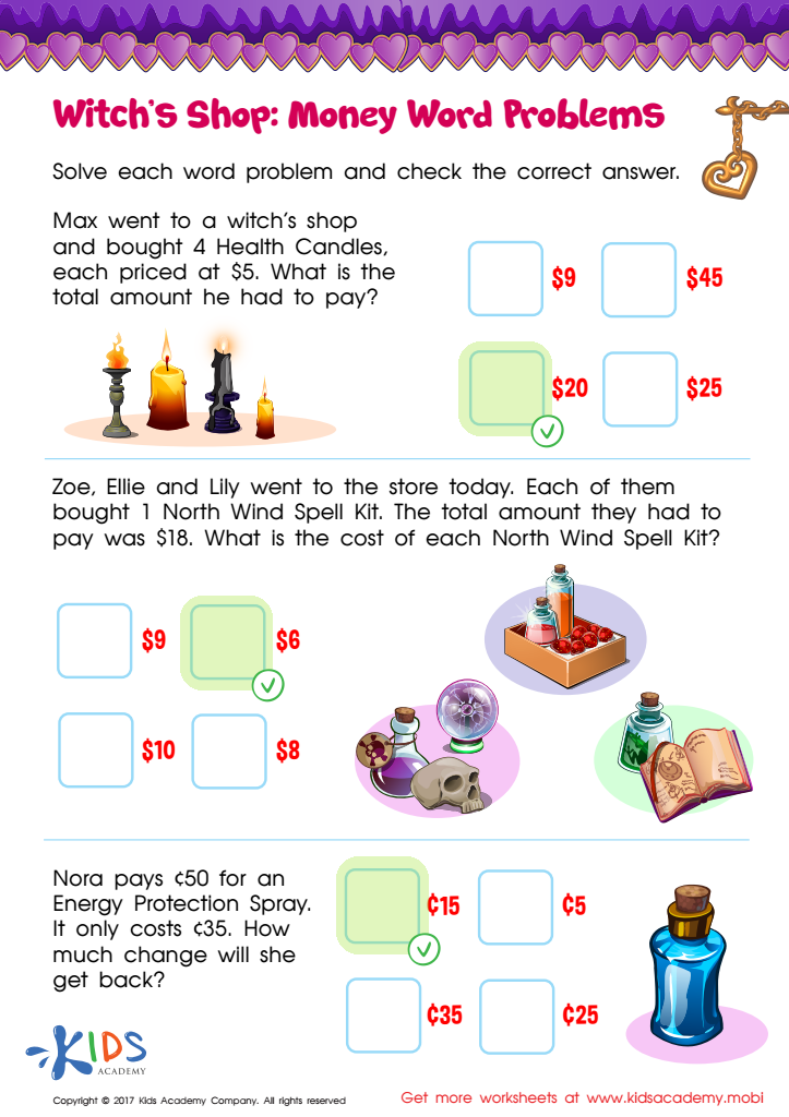 Money Word Problems Printable: Free Worksheet for Kids - Answers and Completion Rate