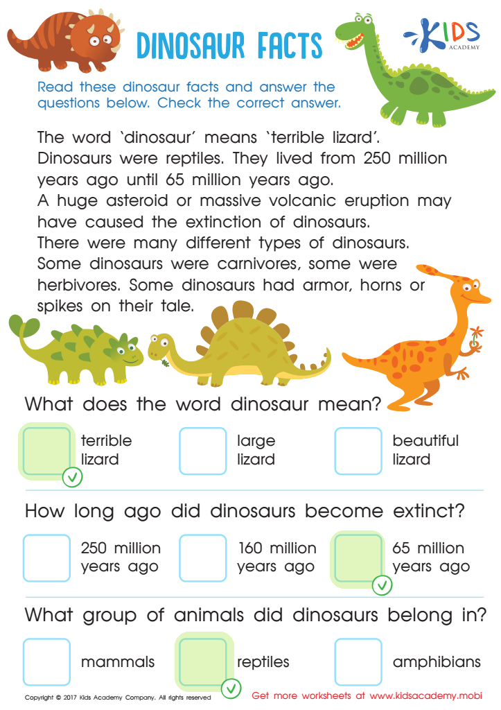 Dinosaur Facts Worksheet Answer Key