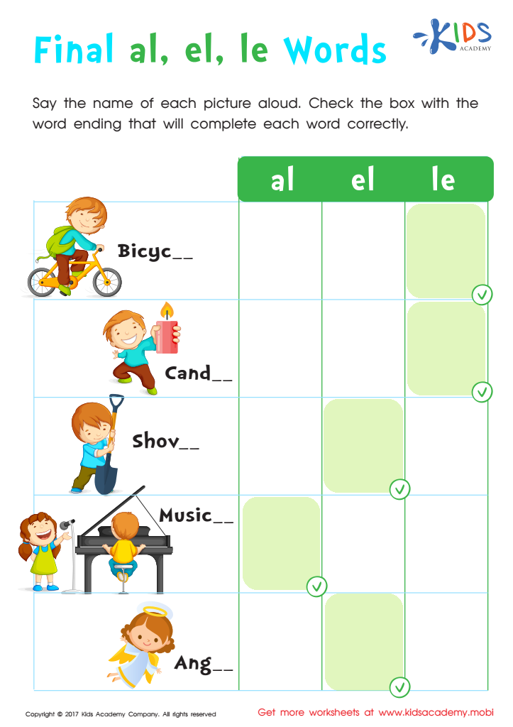 Spelling Words Ending with –le, –el and –al Worksheet Answer Key