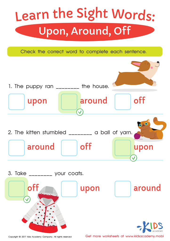 Upon, Around, Off Sight Words Worksheet Answer Key