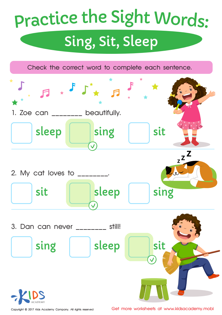 Sing, Sit, Sleep Sight Words Worksheet Answer Key