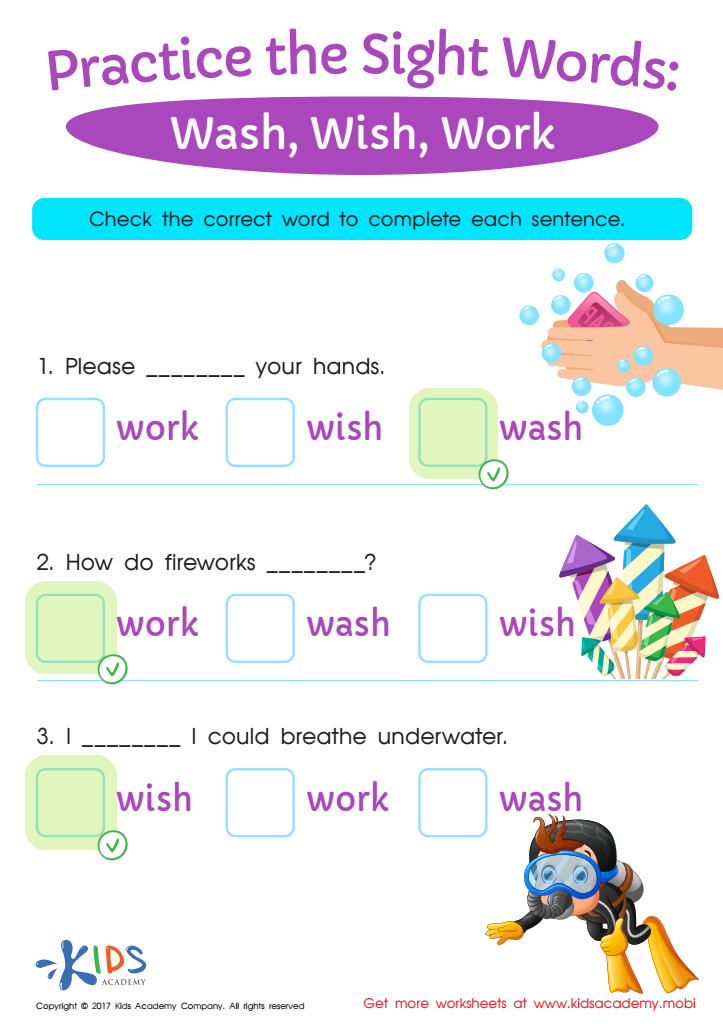 Wash, Wish, Work Sight Words Worksheet Answer Key