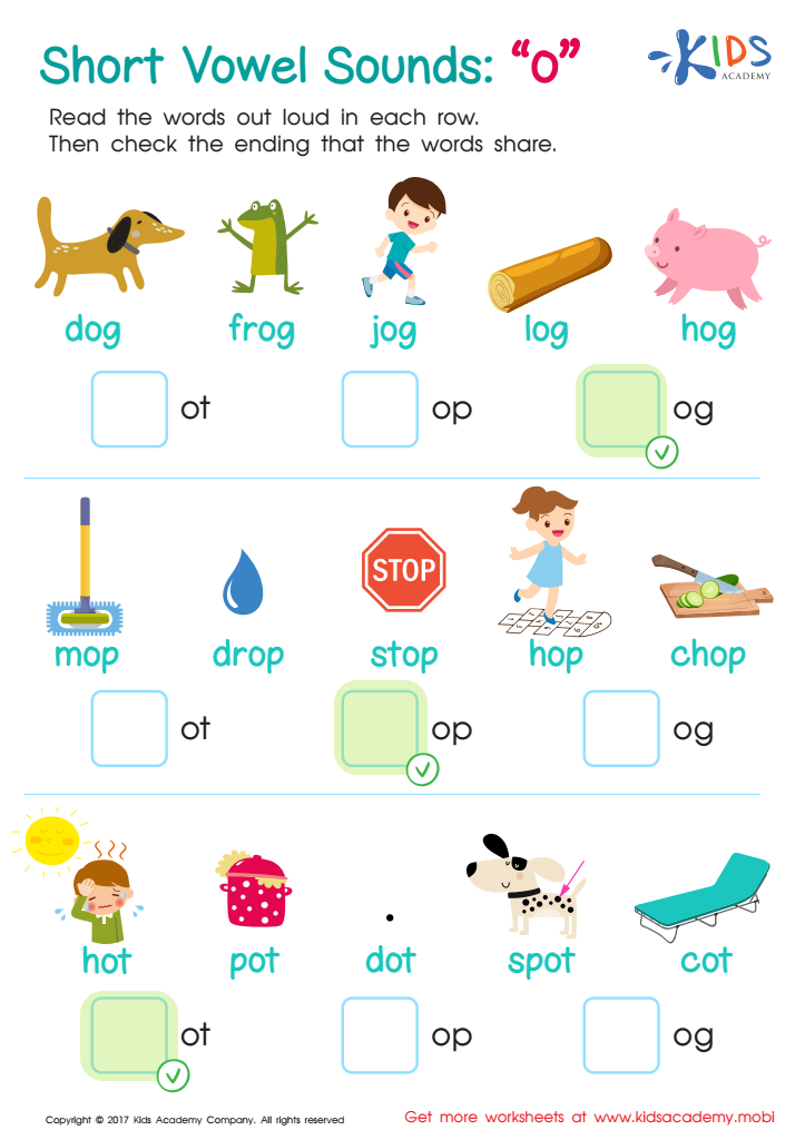 Short vowel Sounds "o" Spelling Worksheet Answer Key