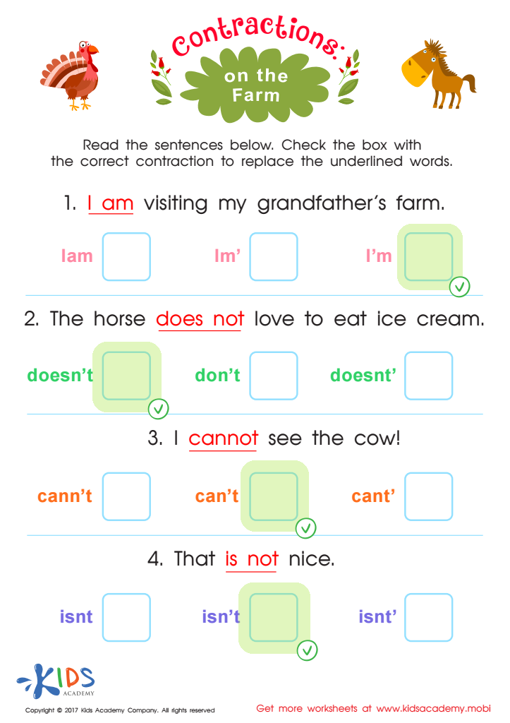 Contractions: On the Farm Printable Answer Key