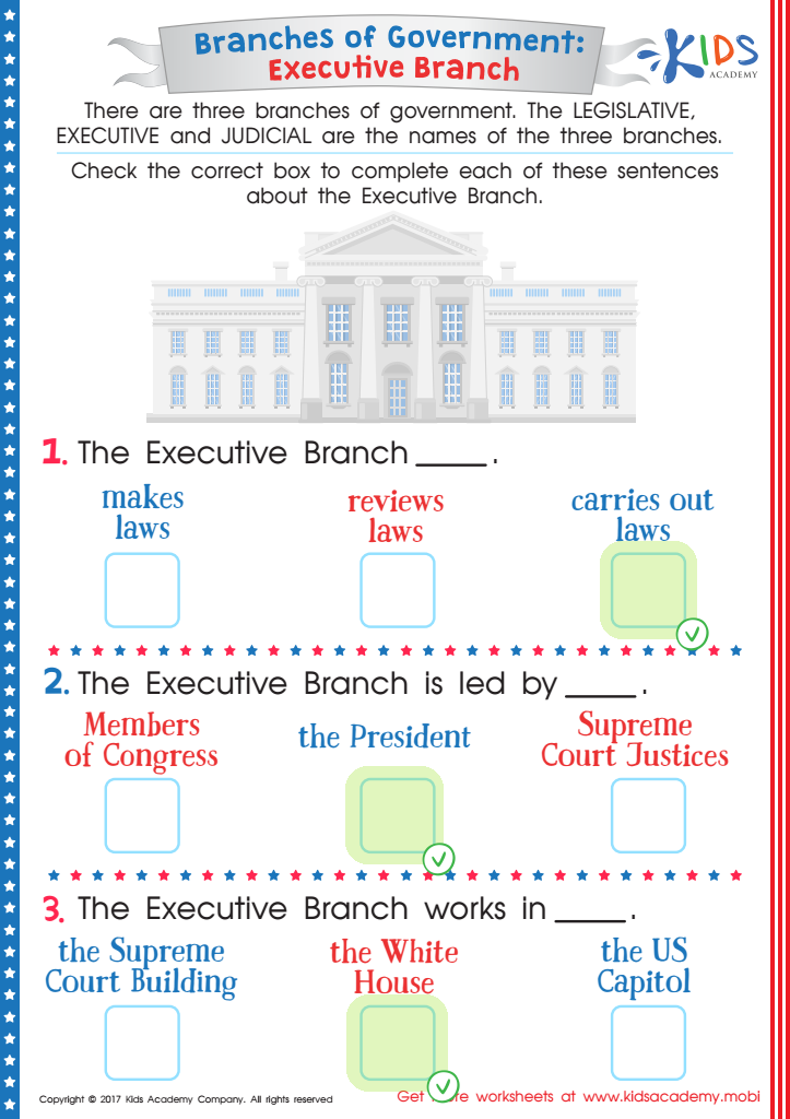 Branches of the Government: Executive Branch Printable Answer Key