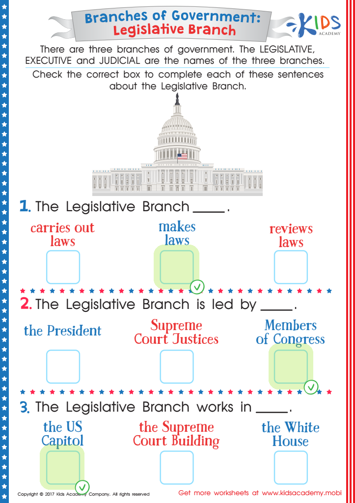 Branches of the Government: Legislative Branch Worksheet Answer Key