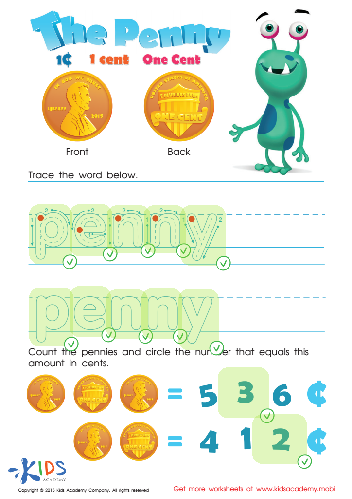 One Cent or the Penny Money Worksheet Answer Key
