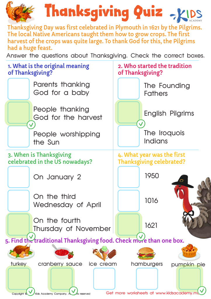 Thanksgiving Quiz Worksheet Answer Key