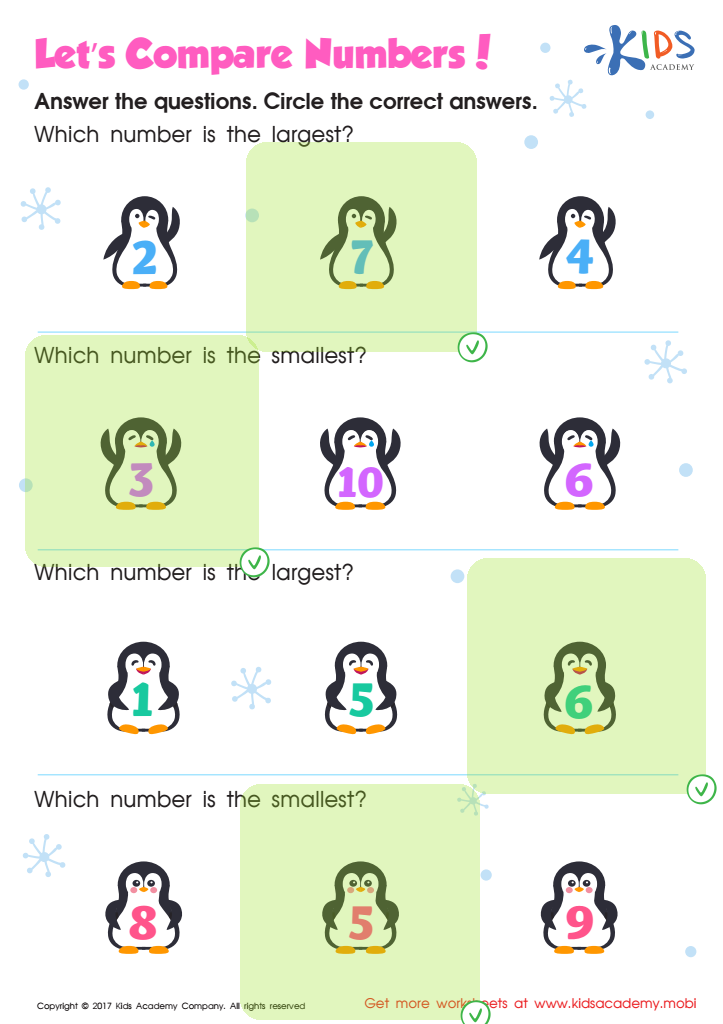 Comparing Numbers 1–10 Worksheet Kindergarten Answer Key