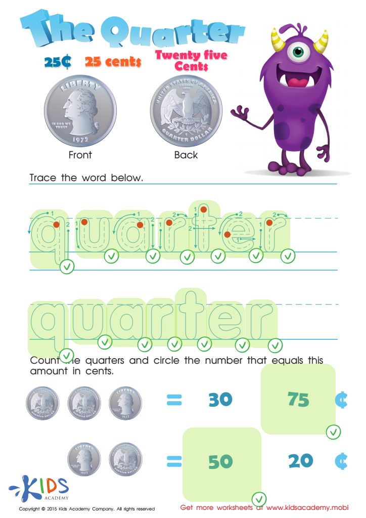 Twenty Five Cents or the Quarter Money Worksheet Answer Key
