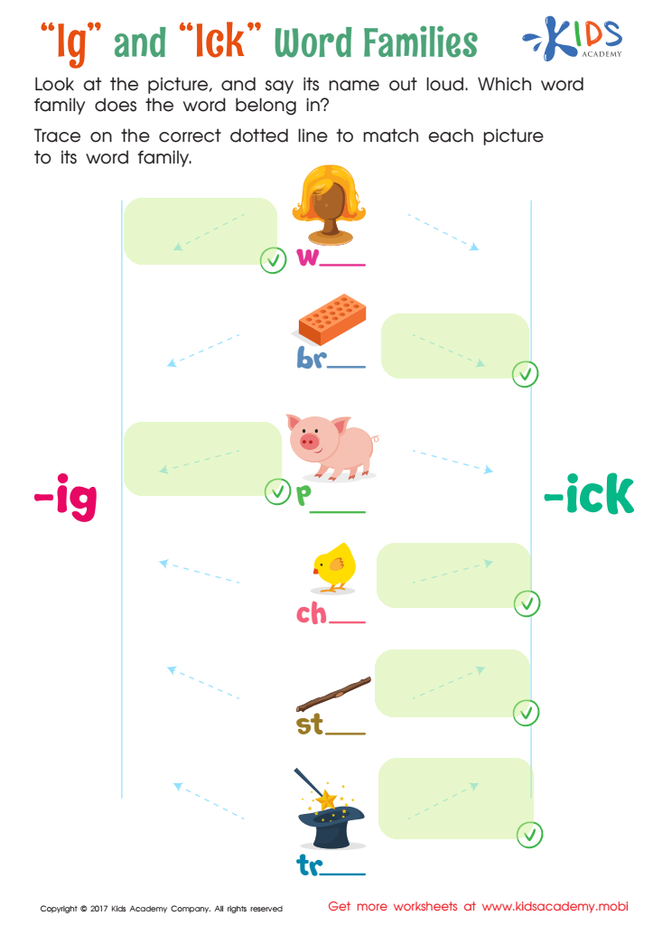 Words Families "ig" and "ick" Spelling Worksheet Answer Key