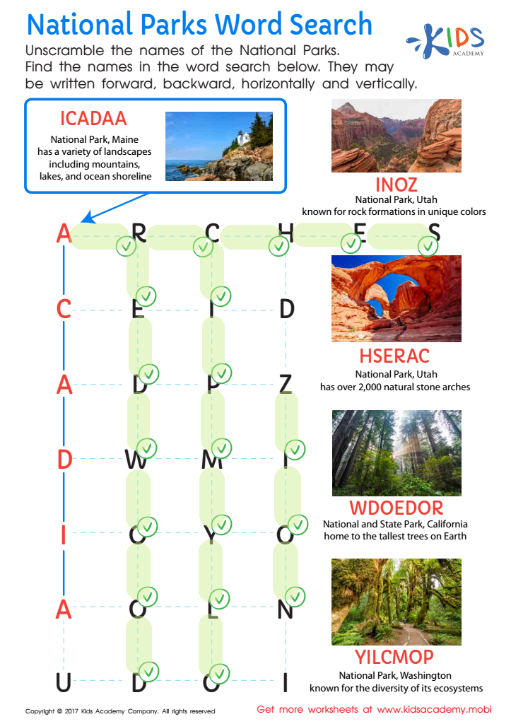 National Parks Word Search Worksheet: Free Printout for Children