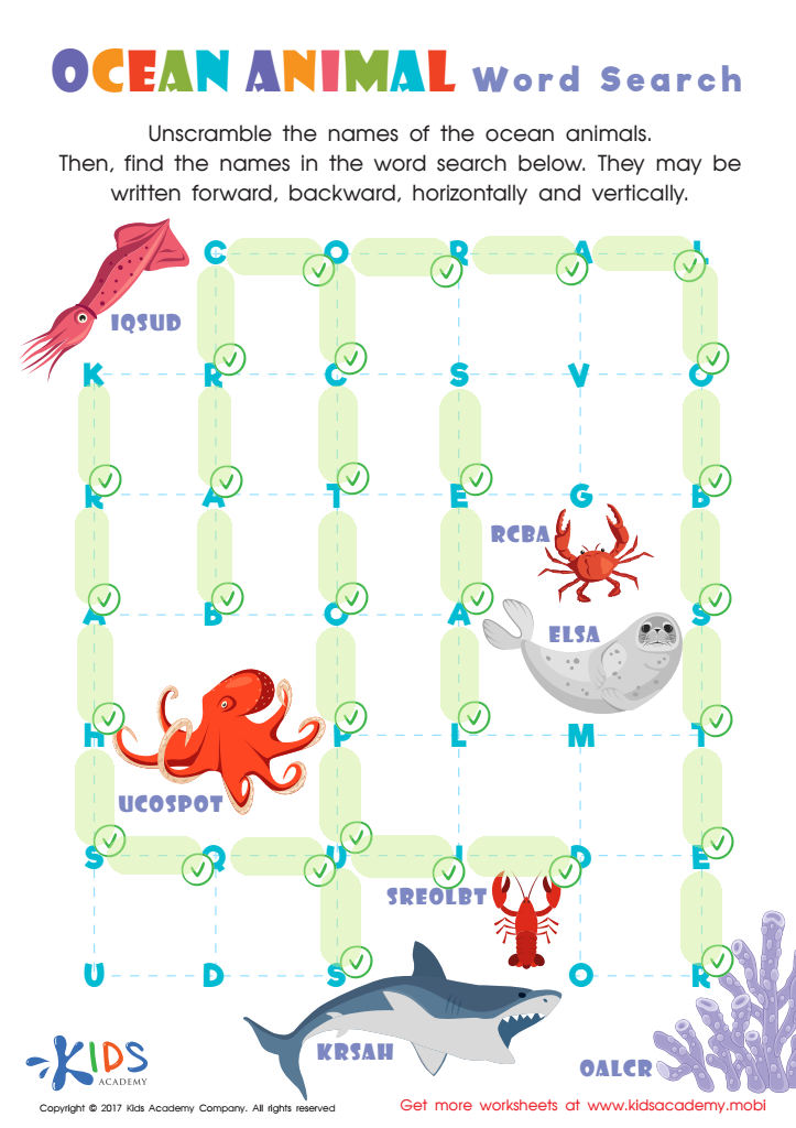 Ocean Animals Word Search Printable Answer Key