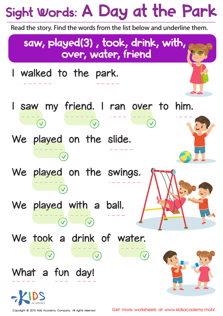 Sight Words: A Day at the Park Worksheet Answer Key