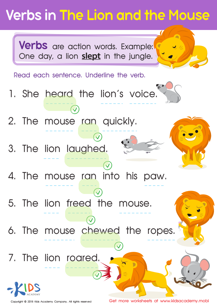 Verbs in The Lion and the Mouse Worksheet Answer Key