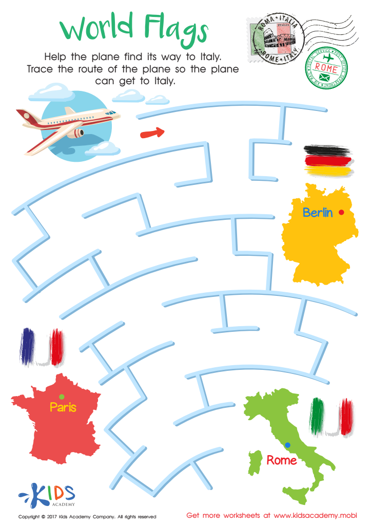 World Flags Maze Worksheet Free PDF Printout For Kids