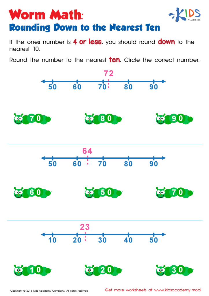 Worm Math Rounding Down To The Nearest Ten Worksheet Free PDF Printout For Kids Answers And