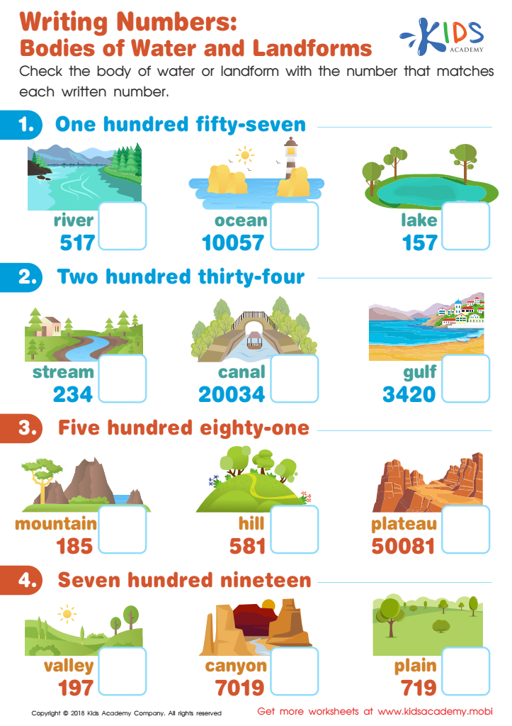 Bodies of Water and Landforms Writing Numbers Worksheet